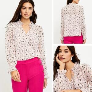 NEW LOFT Daisy Ruffle Tie Neck Blouse In Crystal Pink - Size XS